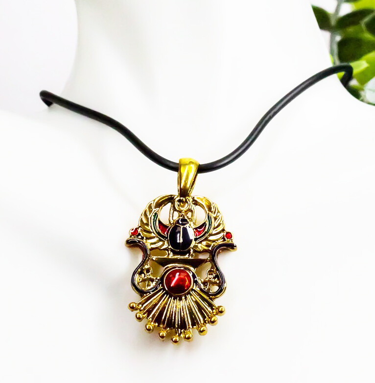 Ebros Egyptian Winged Scarab Dual Cobra Head Ankh Necklace Pendant