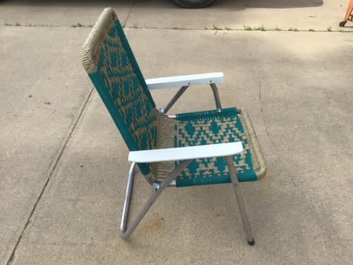 2 Vintage Aluminum Sunbeam Folding Lawn Chairs Macrame Weave Woven Green & Tan - Picture 5 of 12