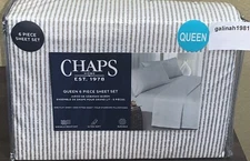 CHAPS by Ralph Lauren 6pc QUEEN Sheet Set with 4 Pillowcases White Grey Stripe