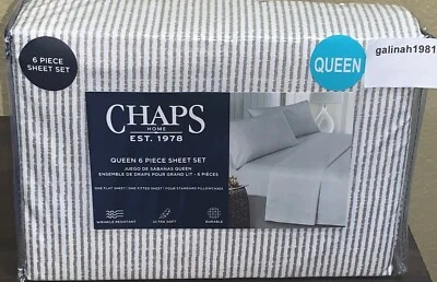 CHAPS by Ralph Lauren 6pc QUEEN Sheet Set with 4 Pillowcases White Grey Stripe