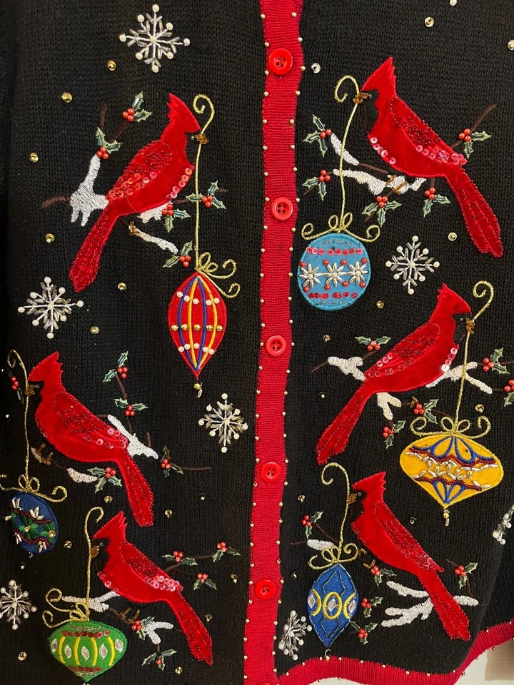 Cárdigan Suéter Kim Rogers Navidad Talla L Negro Vacaciones Bordado Cardenales Foto 2 de 4