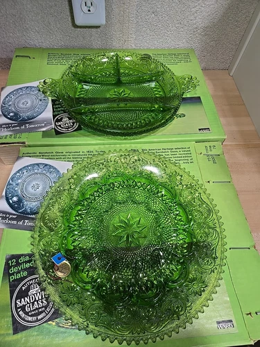 Lot Sandwich Glass Montgomery Ward Deviled Egg 4 Section Relish Plate Lime NEW