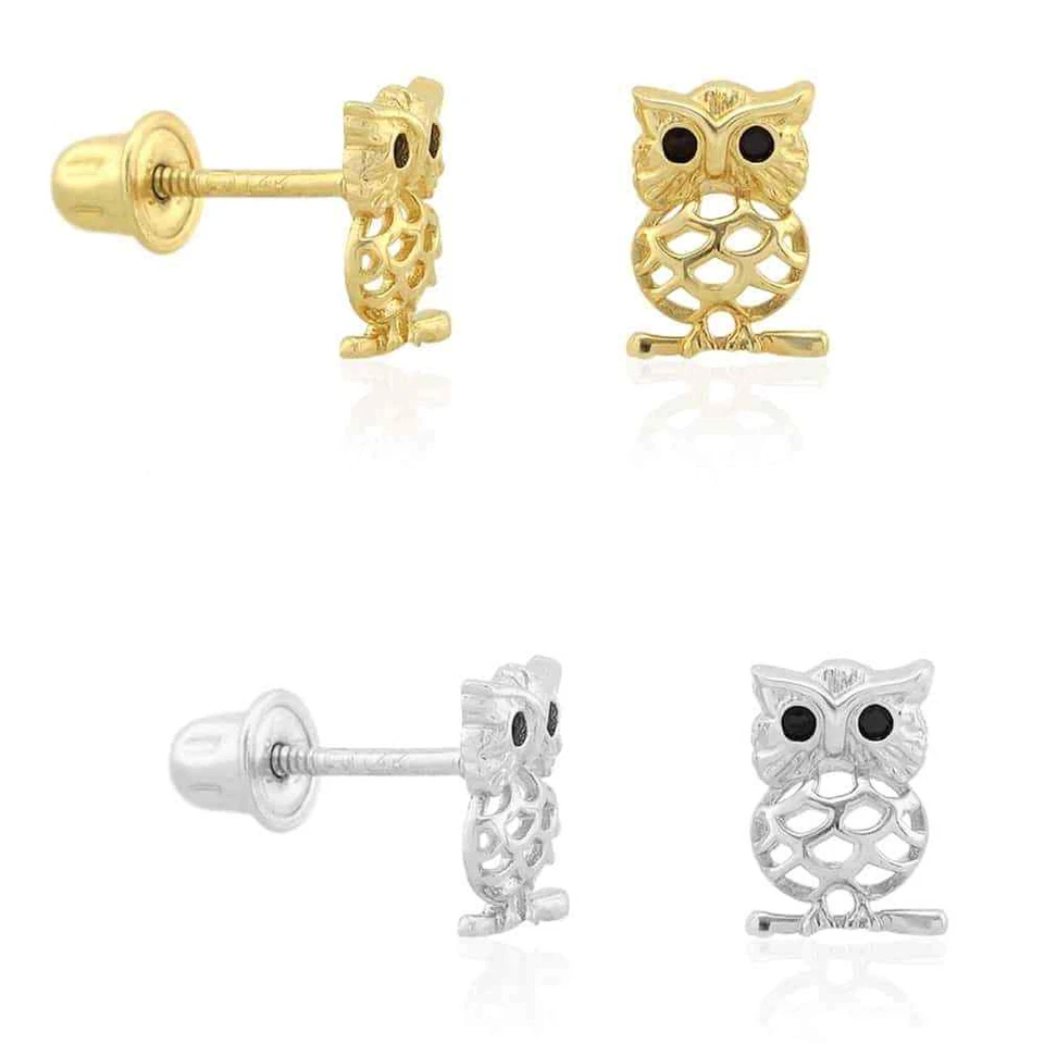 Kids 14K Yellow Gold White Simulated Onyx Ruby Owl Screw Back Stud Earrings - Image 2 of 4