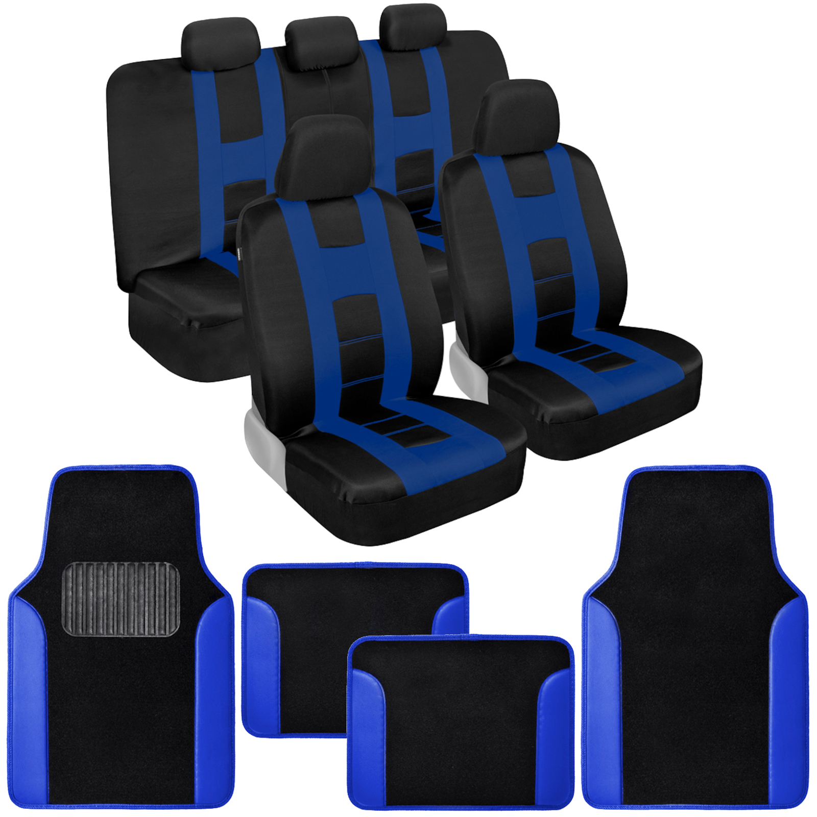 BDK 2-Tone Black Blue Car Seat Covers Set with Floor Mats Combo