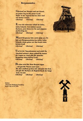Bergbau Bergmann Zeche Kumpel, Wandschmuck, Bergmannsspruch / Gedicht