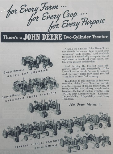 Fantastic Ad for 1940 Line of John Deere Tractors - 19 Models shown In Ad!!