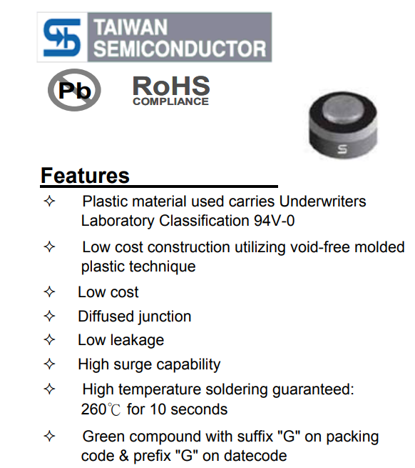 Lot of 4 - TSC Taiwan Semiconductor ARS50D Button Diode Rectifier ...