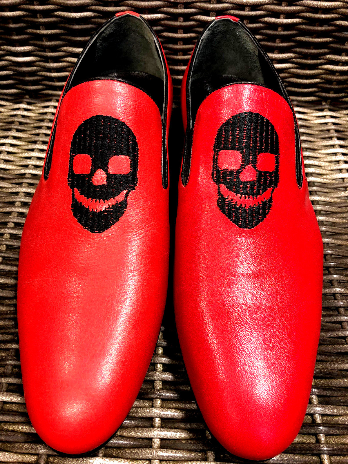 Chelsy Handmade Designer Men's Shoe Skull Red Leather Slippers Handmade