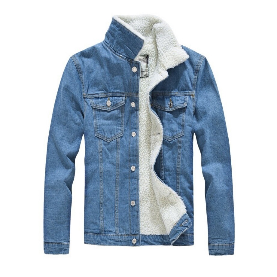 Mens Denim Jacket Winter Padded Lambswool Lining Coat Slim Jacket Denim Jacket-image