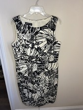 JONES NEW YORK Dress Sz 14 100% COTTON A-LINE Black White Lined Sleeveless