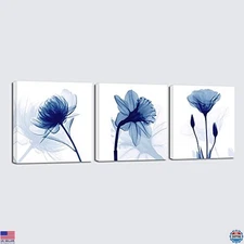 Blue Abstract Flowers 3 Panel Giclee Canvas Wall Art for Living Room Decor