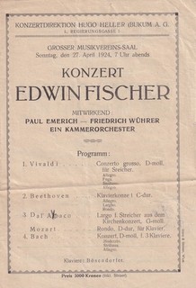 Concert Programme 1924 Vienna Edwin Fischer Paul Emerich Friedrich Wührer
