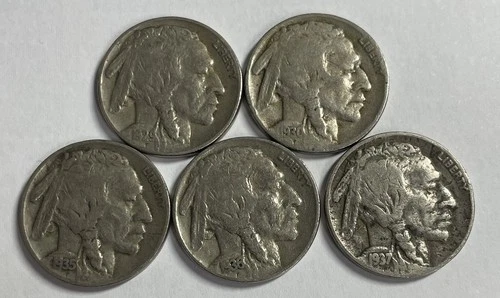 1929-S 1930 1935-D 1936 1937 Buffalo Nickel Lot of 5