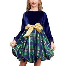 Girls Christmas Dresses Velvet Long Sleeve Holiday Metallic 4-5T Navy Blue