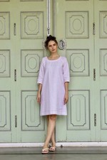 Pink Linen Midi Dress, Round Neck Summer Tunic, Plus Size Linen Clothing