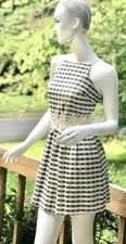 SAGE Fit & Flare Cream Black Check Textured S Mini Dress Crochet Cutout Halter