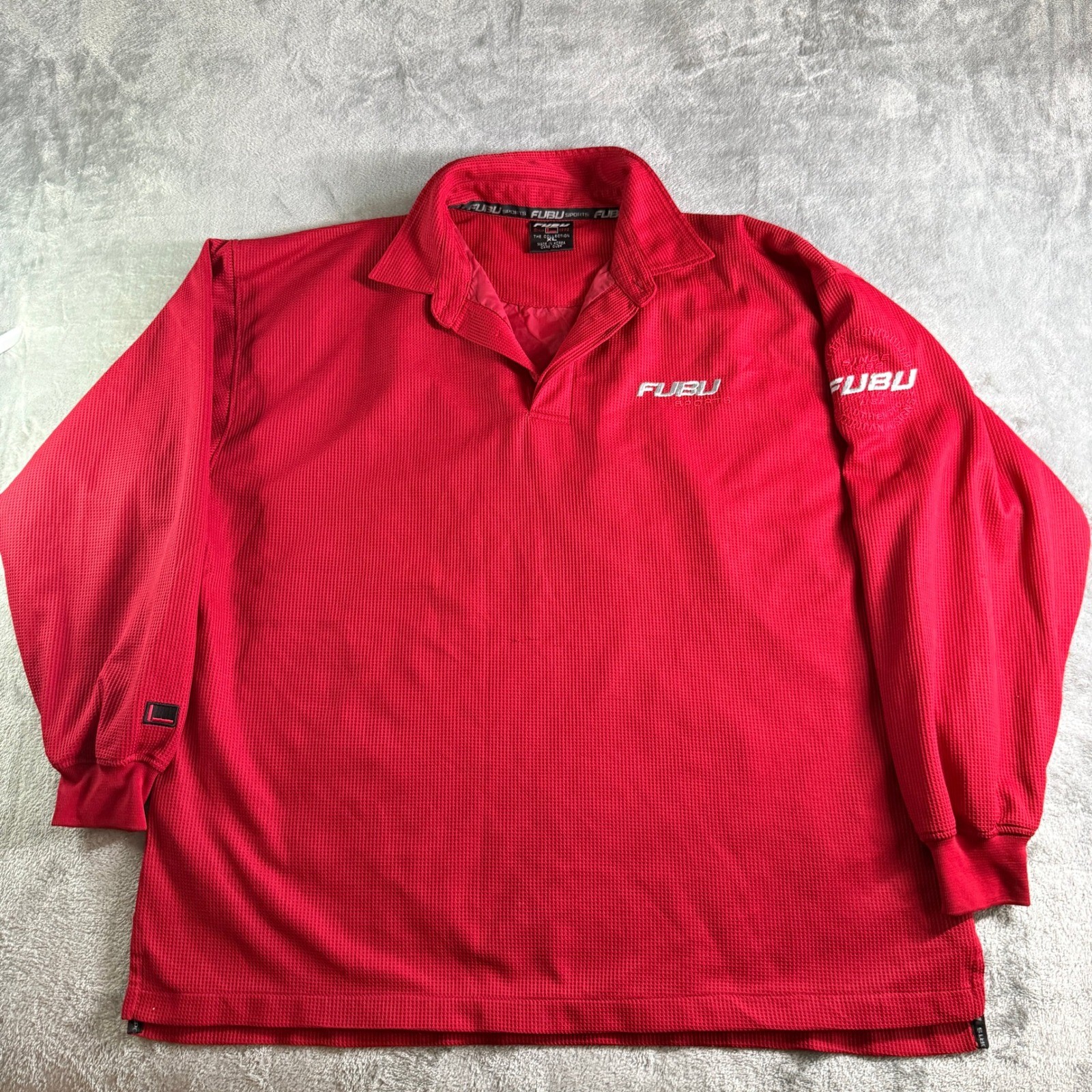 VTG FUBU Sports Long Sleeve Polo Mens XL Red Waffle Knit 90s Streetwear