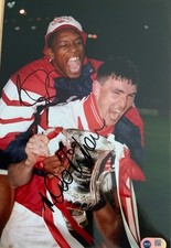 Ian Wright & Andy Linighan double signed Arsenal 12x8 photo RACC Seller ACGCert