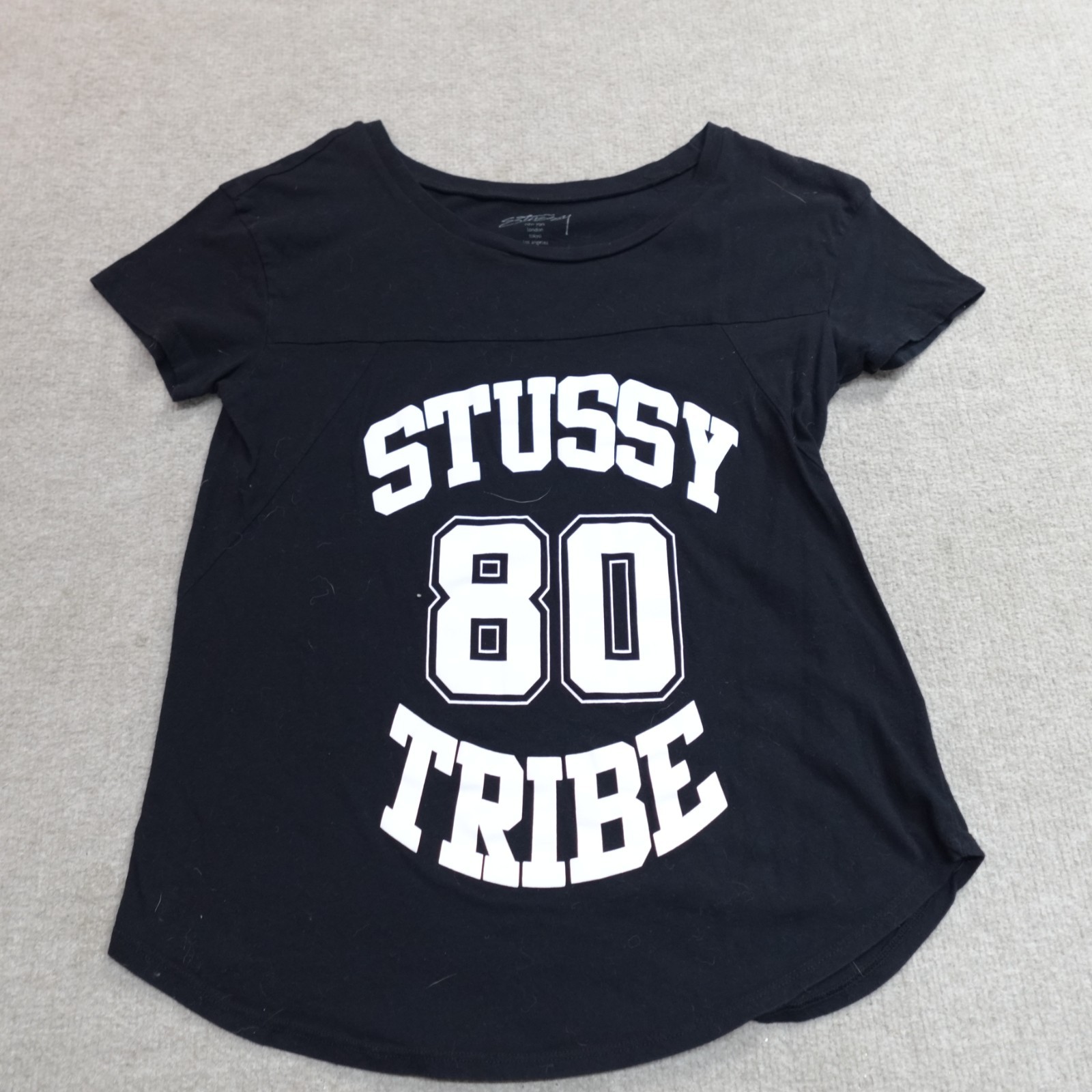 Stussy Womens 80 Tribe Curved Hem Black Tee Size Small