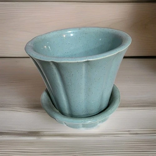 Vtg McCoy Turquoise Flower Pot w/Saucer ~ Small Ribbed/Panel Pottery Planter