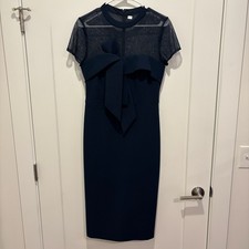 JS Collections Roselle Bow Midi Dress Navy Blue Sheere Casual Womans Size Small