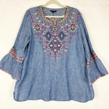 John Mark Linen Embroidered Top Size Large Boho Stripe Split V-Neck