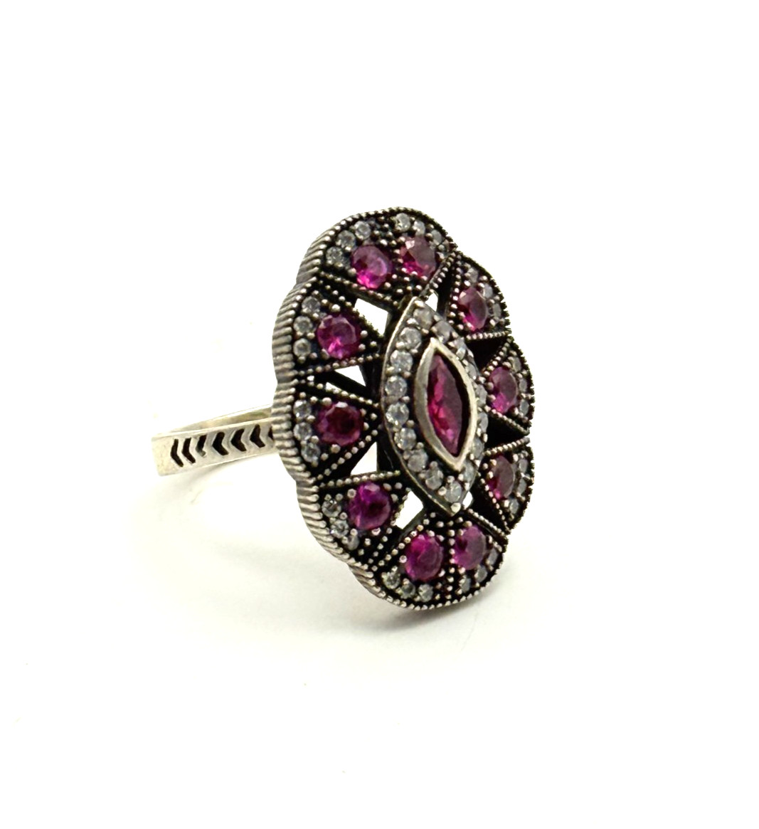 925 Sterling Silver Synthetic Ruby & CZ Oval Ring… - image 4