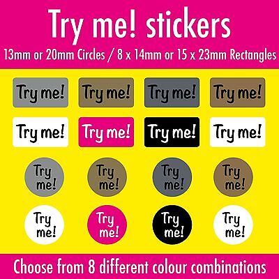 'Try me!' Stickers Choose Your Size & Colour Labels