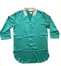 NOS Vintage Victorias Secret Night Shirt Green Satin Lace Collar Gold Label M/L
