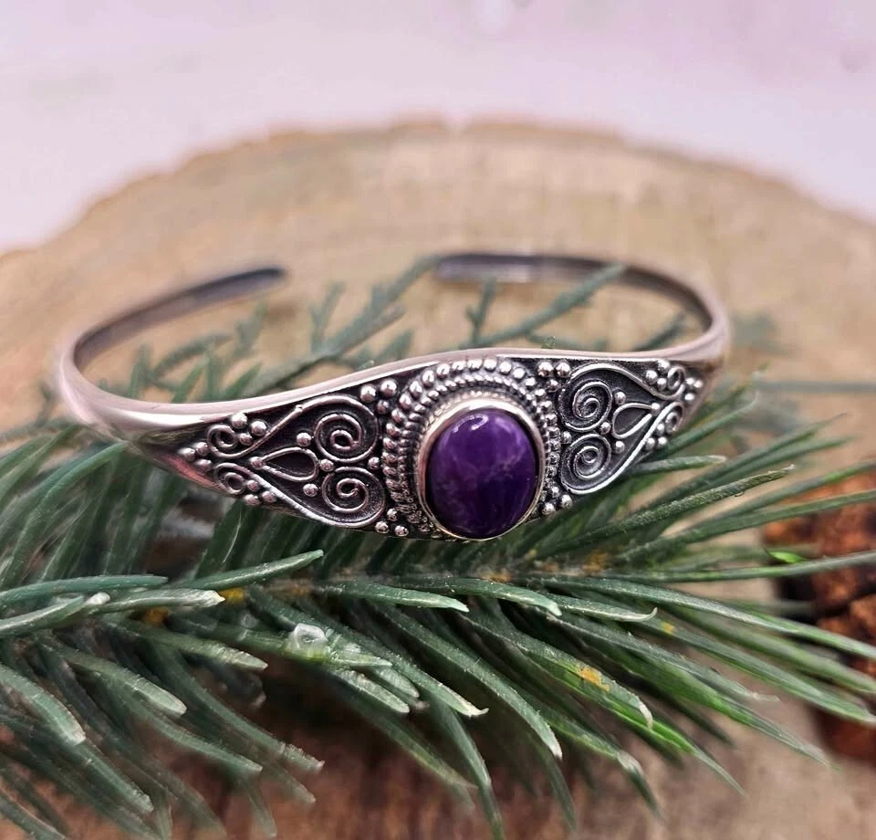 Nature Sugilite Sterling Silver S925 Stamped Cuff Bangle - Image 4 of 4