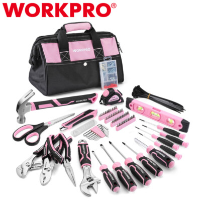 WORKPRO 277PCS Pink Tool Set Hand Tool Bag Set W/13'' Wide Mouth Open Storage Bag