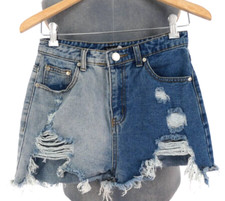Extreme Ripped Denim Shorts Frayed Cut Off Hot Pants Hi Rise 2 Tone Denim UK 8