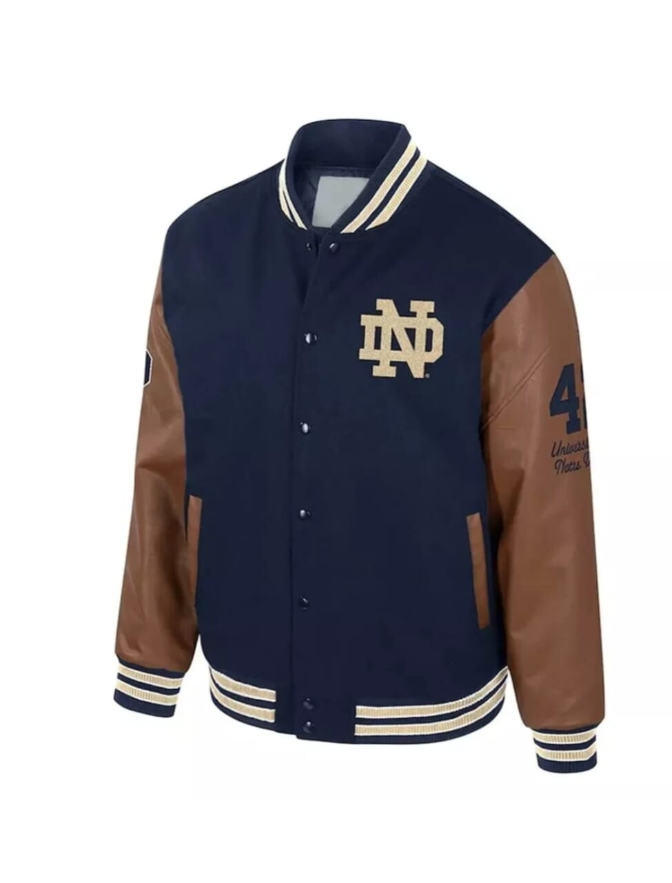 Navy blue wool and tan genuine leather unisex Letterman Varsity Jacket for men and women