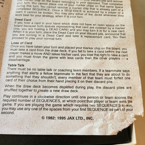 SEQUENCE Game Of Strategy With Board Cards Chips Complete Vintage 1995 Jax - Picture 8 of 16