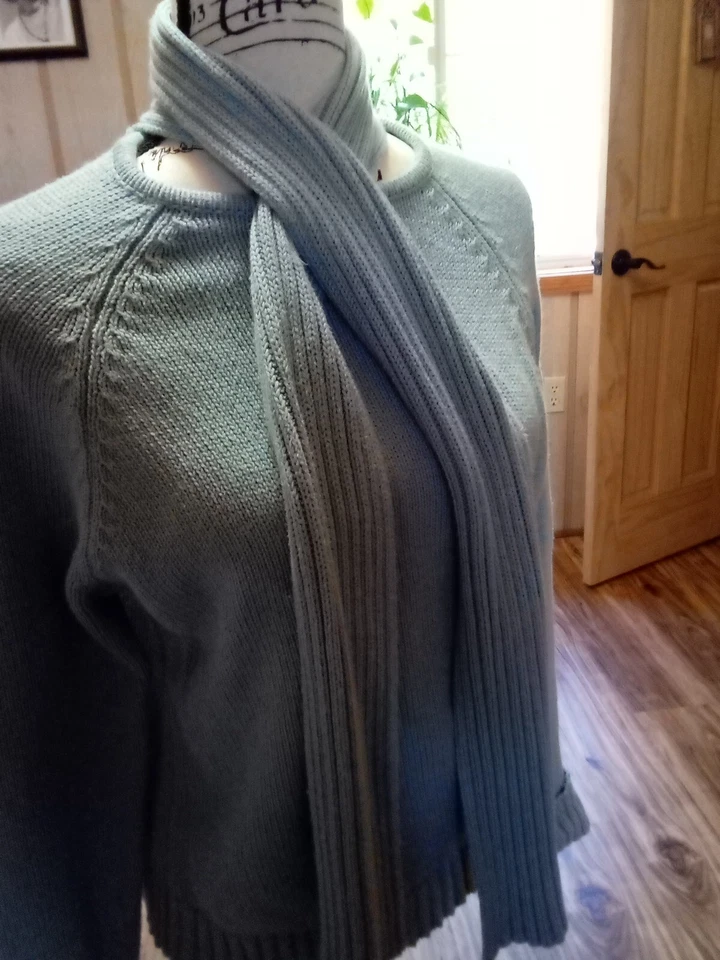 Pierre Cardin Cotton Sage Green Open Knit  Sweater Top Attached Scarf, Sz L  - Image 3 of 4