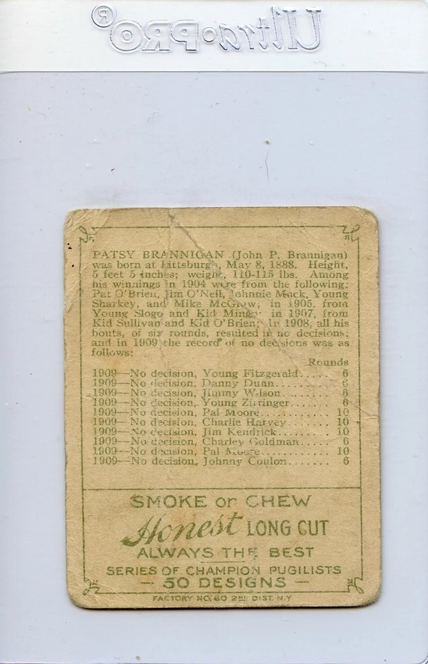 1910 T219 Boxing Honest Long Cut Pittsburg Patsy Brannigan ⭐️👀⭐️ Original - Image 2 of 2