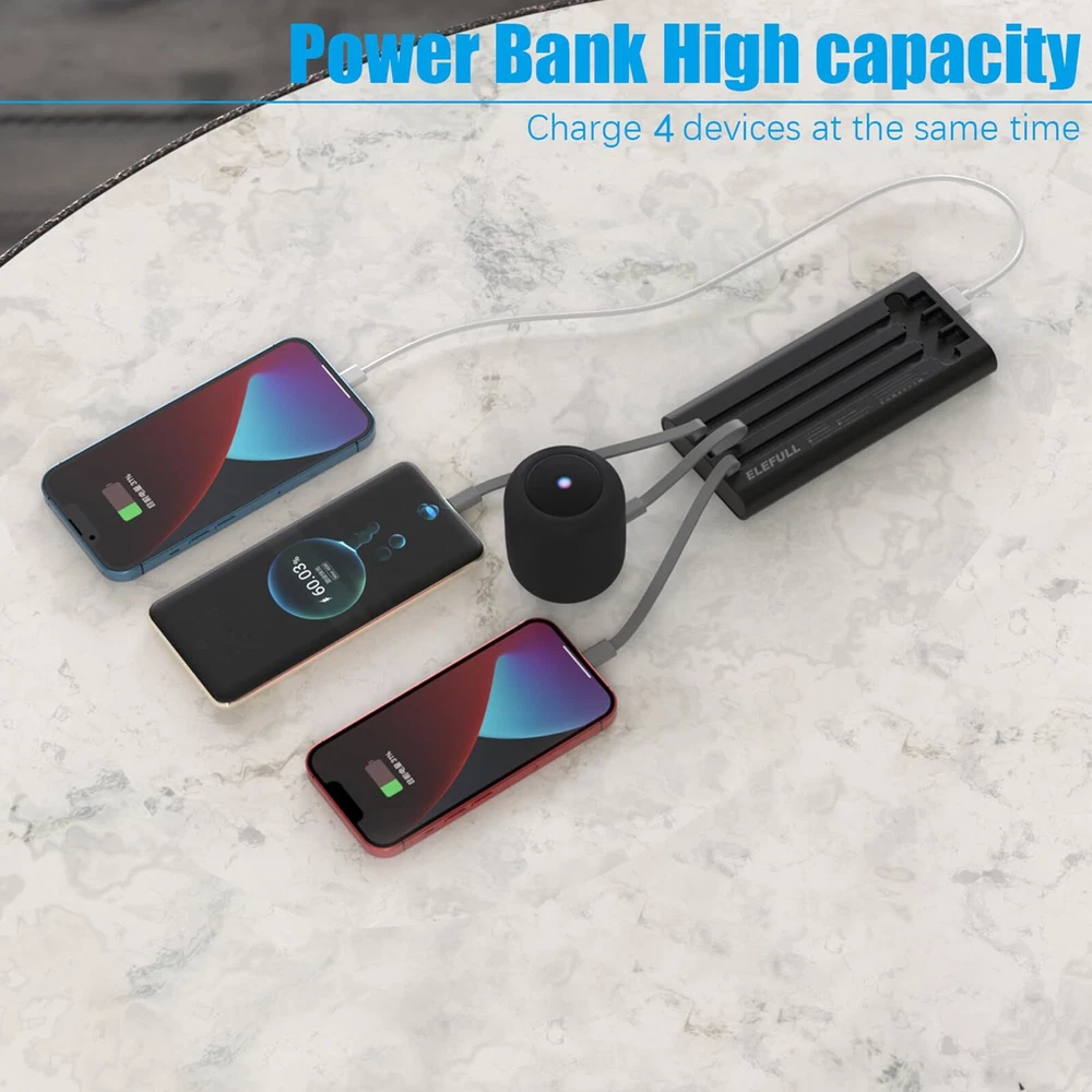 10K mAh Power Bank with Built-in USB C Cable - Fast Portable Charger  