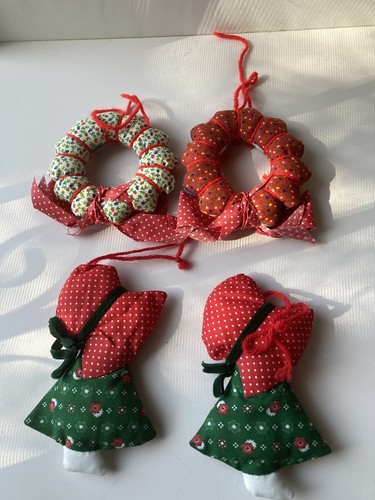 Vintage Christmas CALICO Patchwork Ornaments Set Of 4 Vtg Xmas 70s 80s Hand Made - Picture 2 of 12