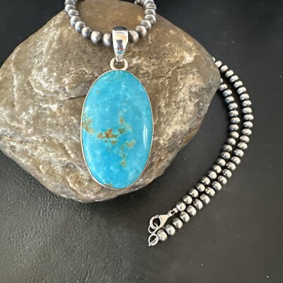 Blue Kingman Turquoise Pendant Navajo Pearls Sterling Silver Necklace 20  16991