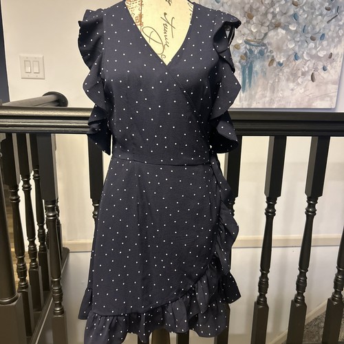 She + Sky Womens Dress Black & White Polkadot Tiered Ruffle Wrap Dress L