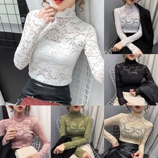 Women All Over Sheer Lace Long Puff Sleeve Top Stretch Solid Mock Neck T-shirt  