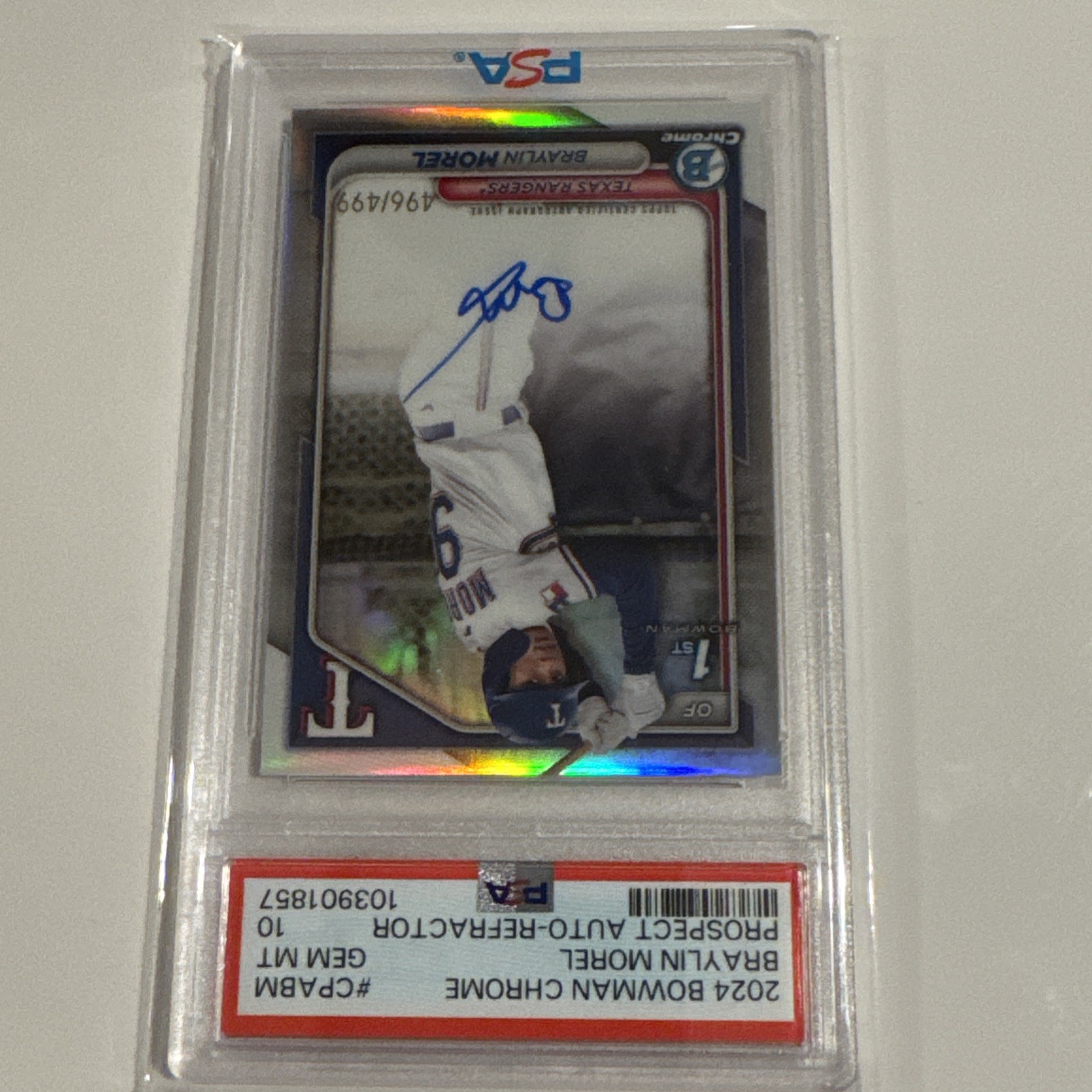 2024 Bowman Chrome Refractor Braylin Morel Rangers RC Rookie AUTO /499 PSA 10 view 2