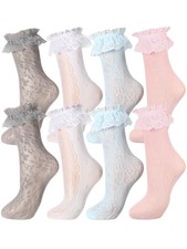 Geyoga 4 Pairs Lace Ankle Socks for Women Ruffle 5 Grey, White, Blue, Pink