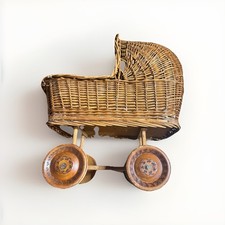 VTG Leopold Brown Wicker Baby Doll Carriage Stroller Handpainted Wood Wheels