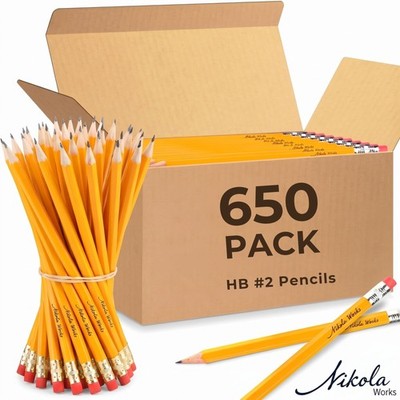 650 Count #2 HB Pencils Bulk Pack, Pre-Sharpened Yellow Wooden Pencils with E...