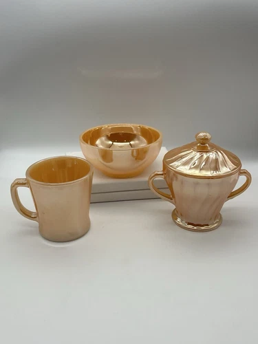 Vintage Anchor Hocking Fire King Peach Luster; Sugar w/Lid, Cup, Bowl