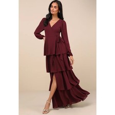 NWT! Lulus Marvelous Grace Plum Long Sleeve Tiered Wrap Maxi Dress M
