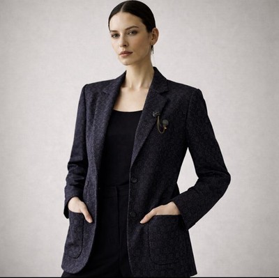 MORU Geometric Pattern Blazer Jacket Navy Gray Women Size up to M