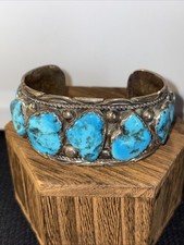 VTG Signed Y Navajo Sterling Silver Turquoise Nugget Cuff Bracelet 68.8g Sz 7.25