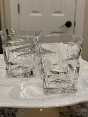 Bohemia Czech 24% Lead Crystal Whiskey Glasses, ''Zig Zag'' Square Base, set of 2